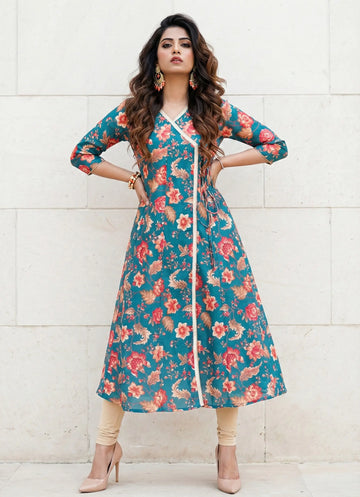Green Floral Printed Silk Kurta - 52448K