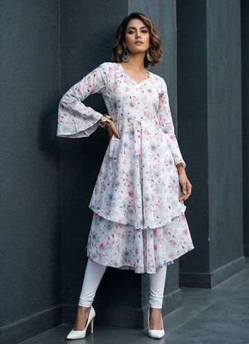 Greyish White Floral Printed Kurta - 52449K
