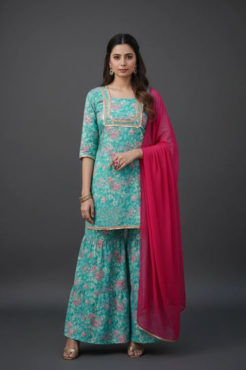 Dark Mist Green Floral Printed Kurta Palazzo set