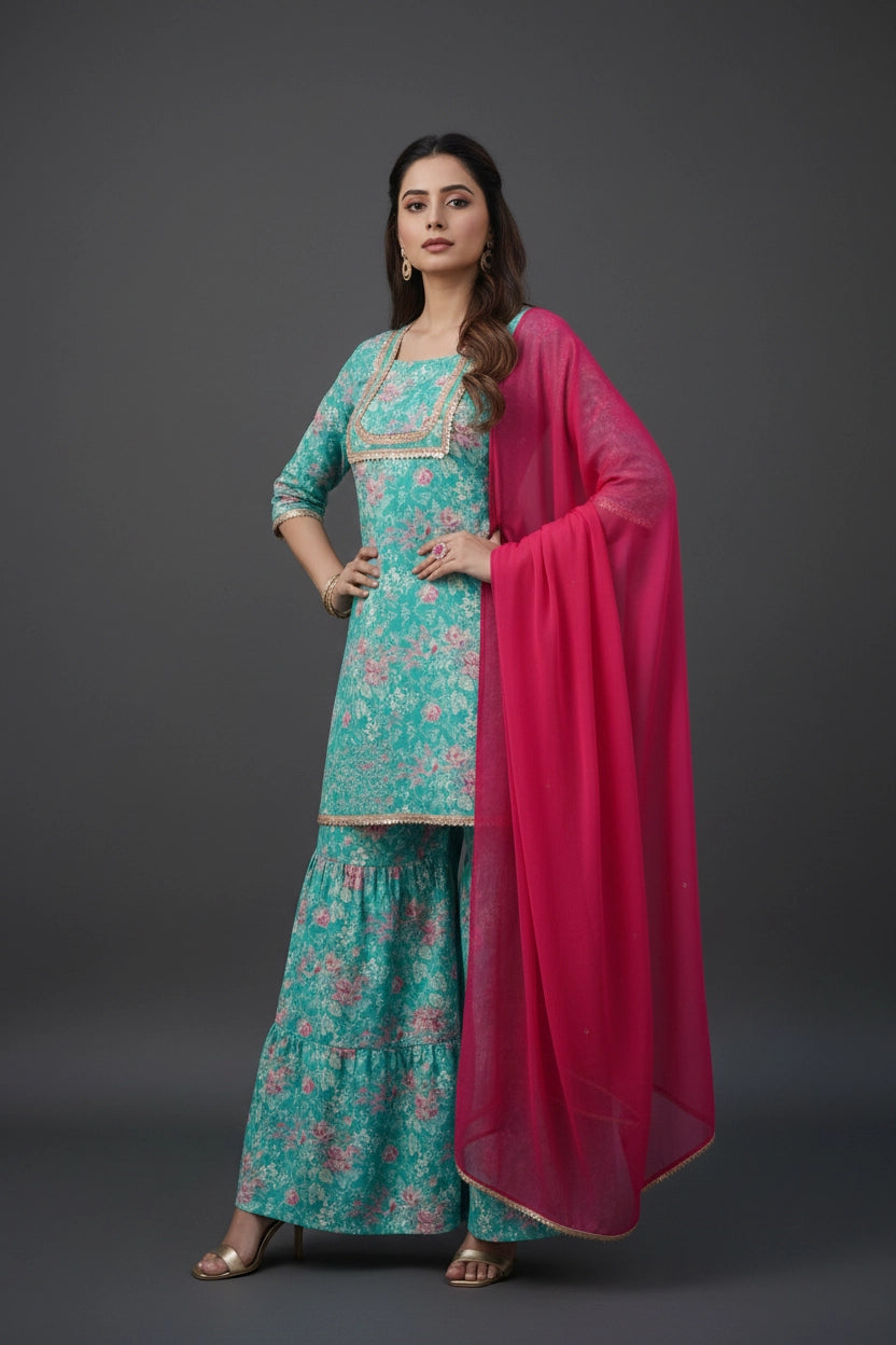 Dark Mist Green Floral Printed Kurta Palazzo set