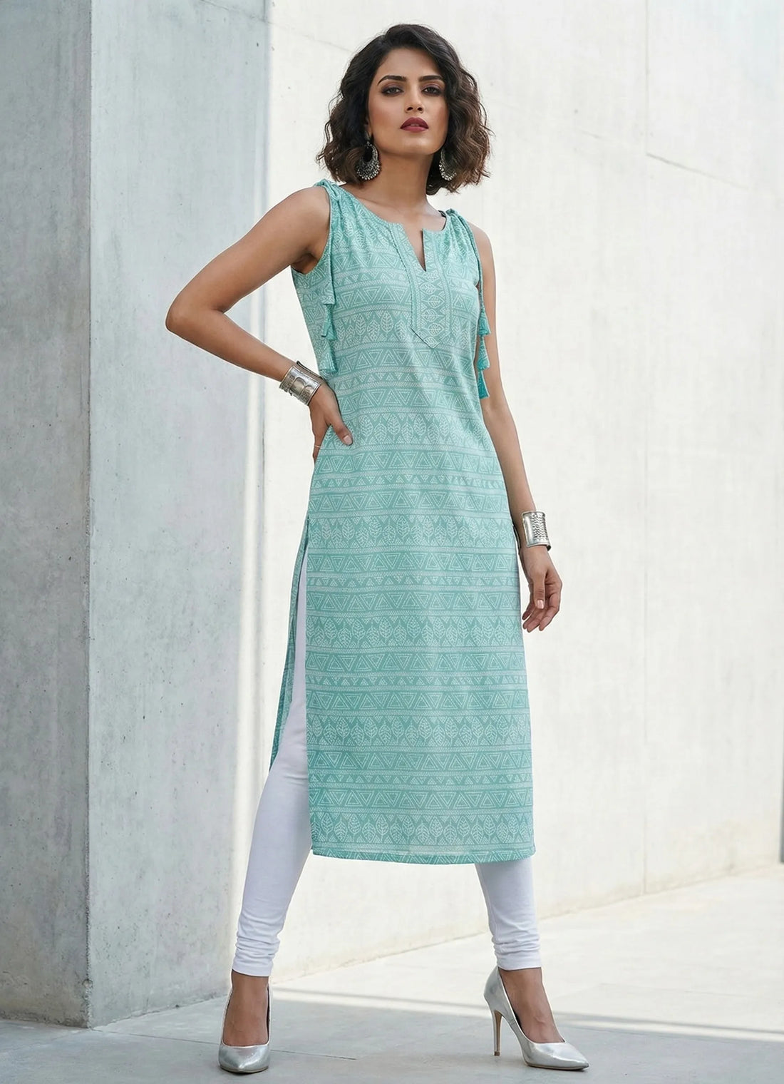 Mint Green Geometric Printed Kurta - 52455K