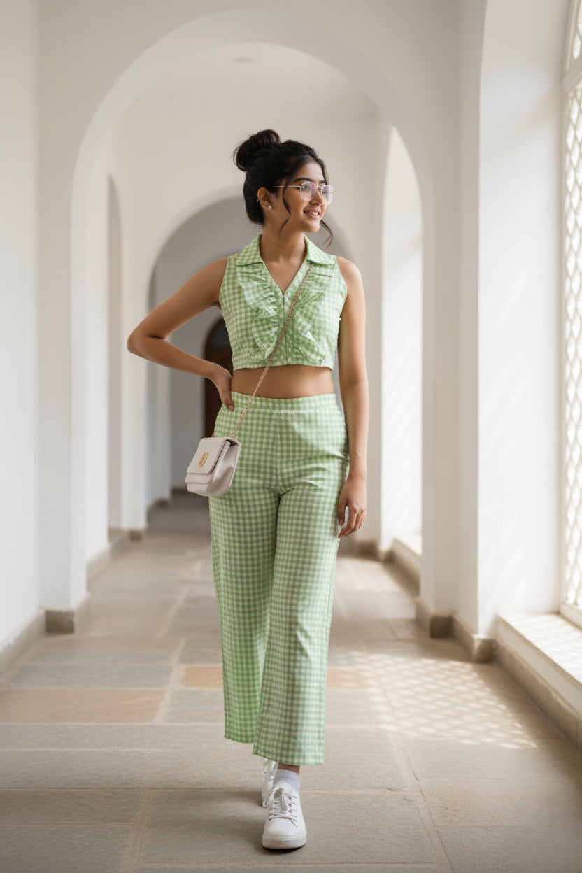 Green Cheque Ruffle Co-ord Set- 52611C
