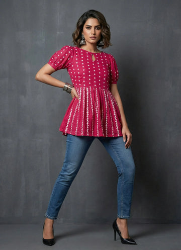 Fuchisa Rose Colour Chikankari embroidered Top - 52463T