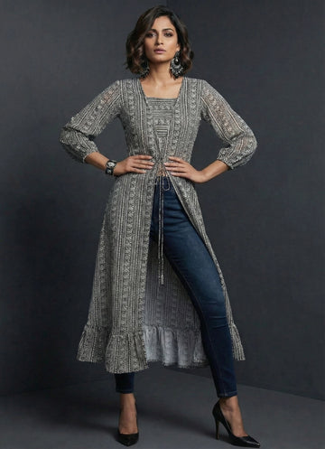 Black N White Printed Rayon Long Top -52464T