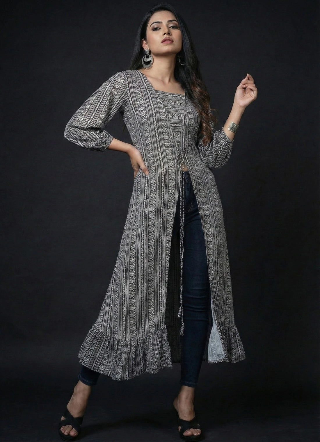 Black N White Printed Rayon Long Top -52464T