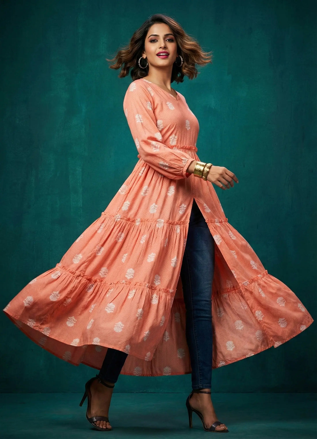 Coral Pastel Coloured Motif Printed Long Top -52465T