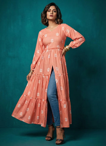 Coral Pastel Coloured Motif Printed Long Top -52465T