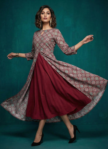 Geometrical Printed Maroon Dress - 52496D