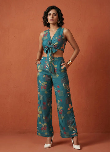 Teal Mirage Geofloral Co-ord Set