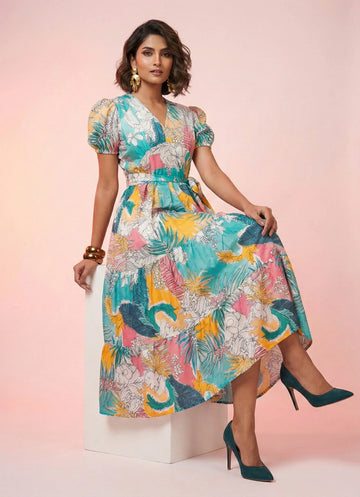 Floral Mint Sky Blue Dress – 52584D