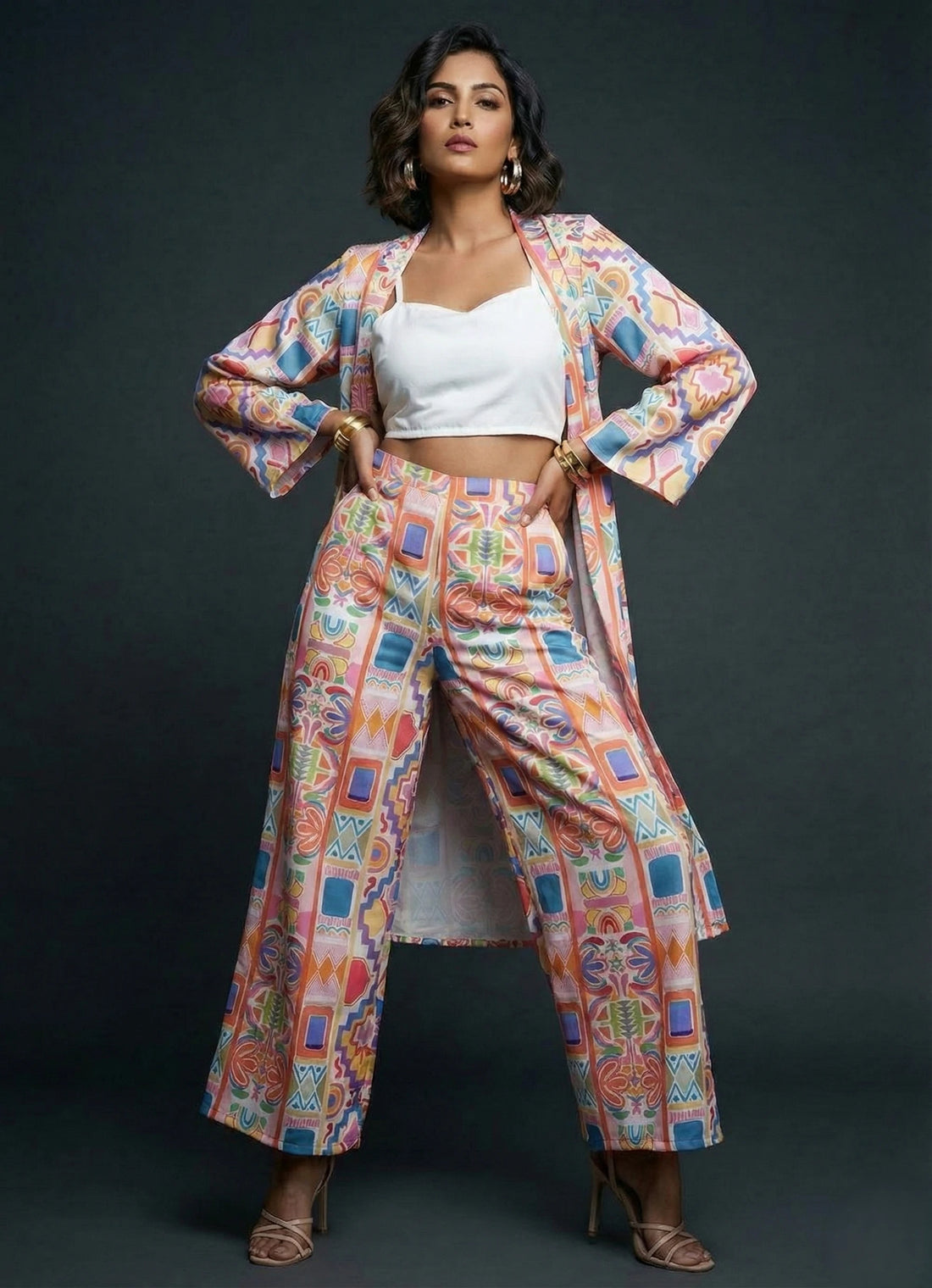 Geometric White Jacket Co-ord Set - 52595C