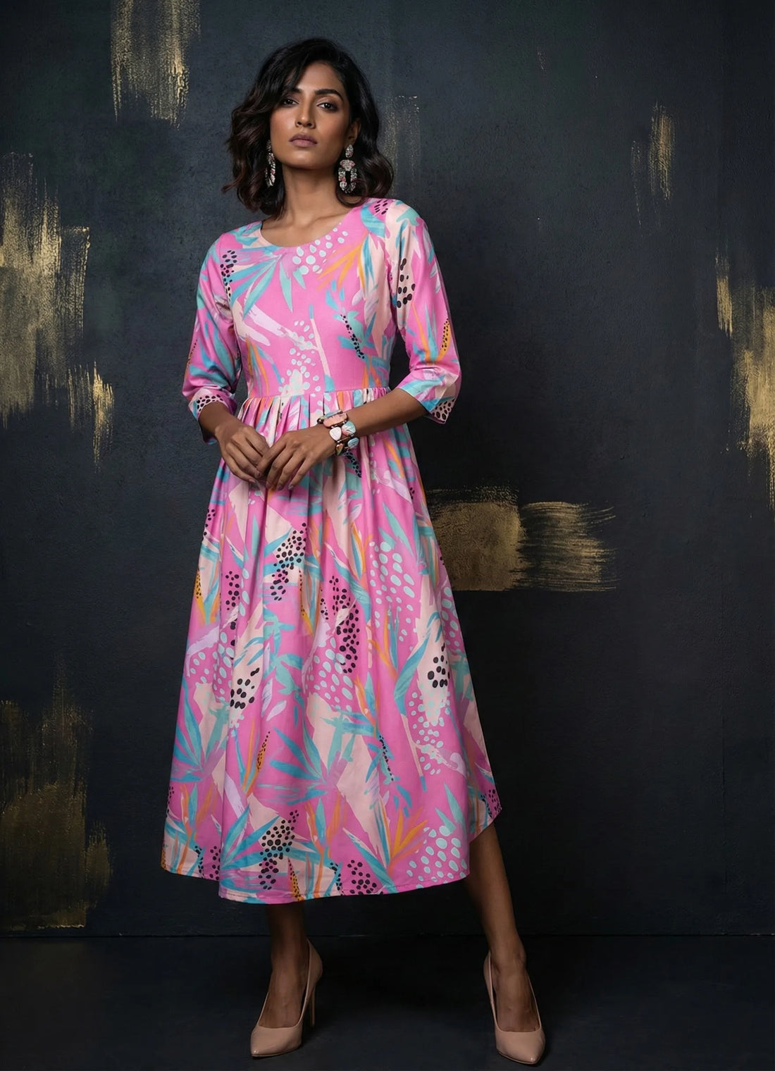Rose Pink Abstract Print Dress - 52605D
