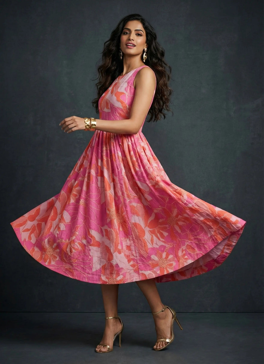 Hot Pink Floral Side-Pocket Dress- 52616D