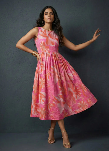 Hot Pink Floral Side-Pocket Dress- 52616D