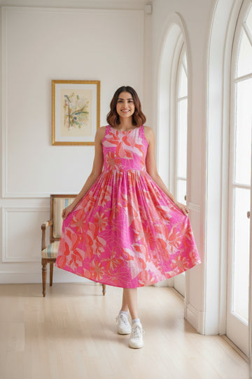 Hot Pink Floral Side-Pocket Dress- 52616D