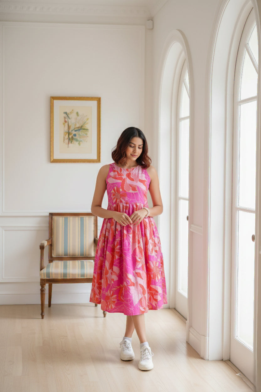 Hot Pink Floral Side-Pocket Dress- 52616D