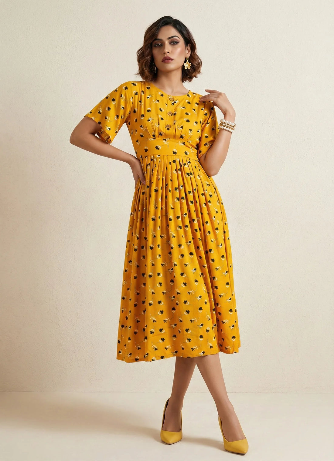 Glam Yellow Floral Print Dress- 52618D