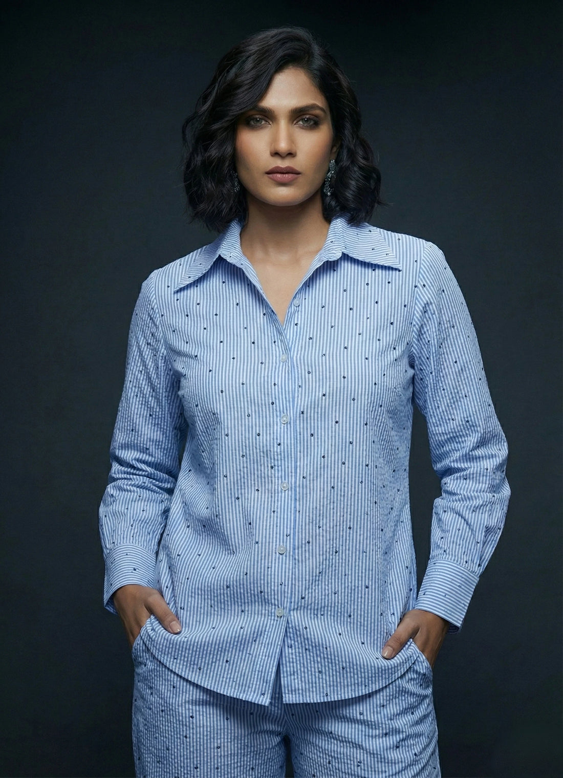 Sky Stripe Balloon Sleeve Co-ord Set- 52625C