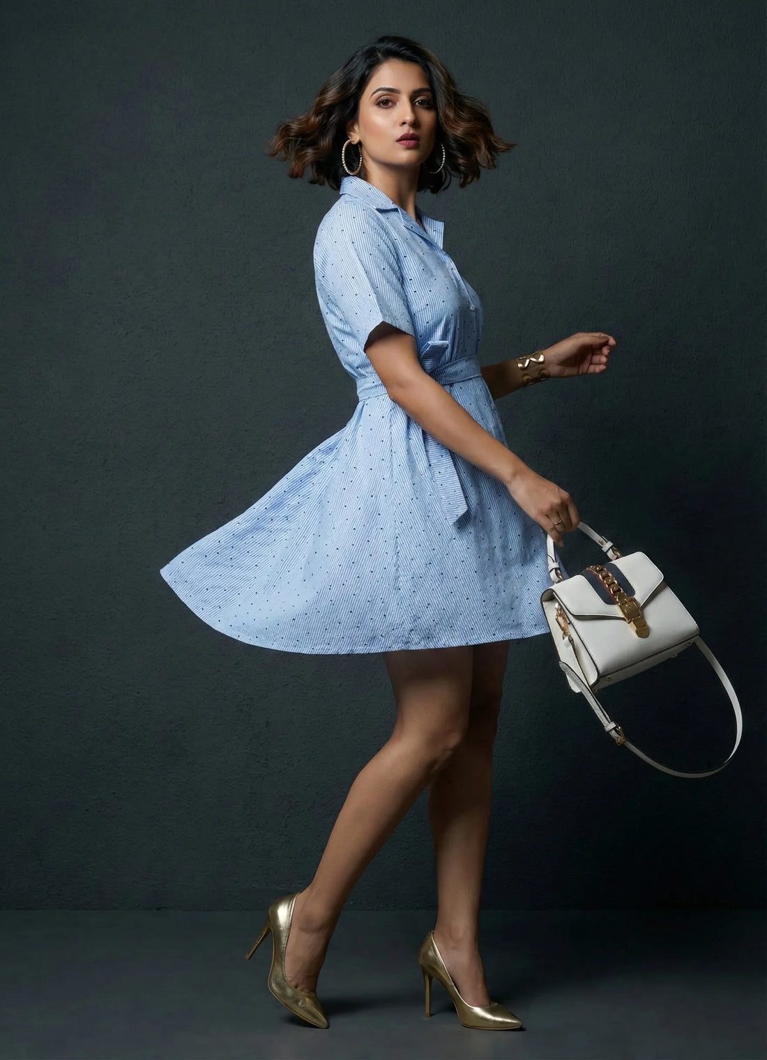Sky Blue Striped Collar Neck Dress- 52627D