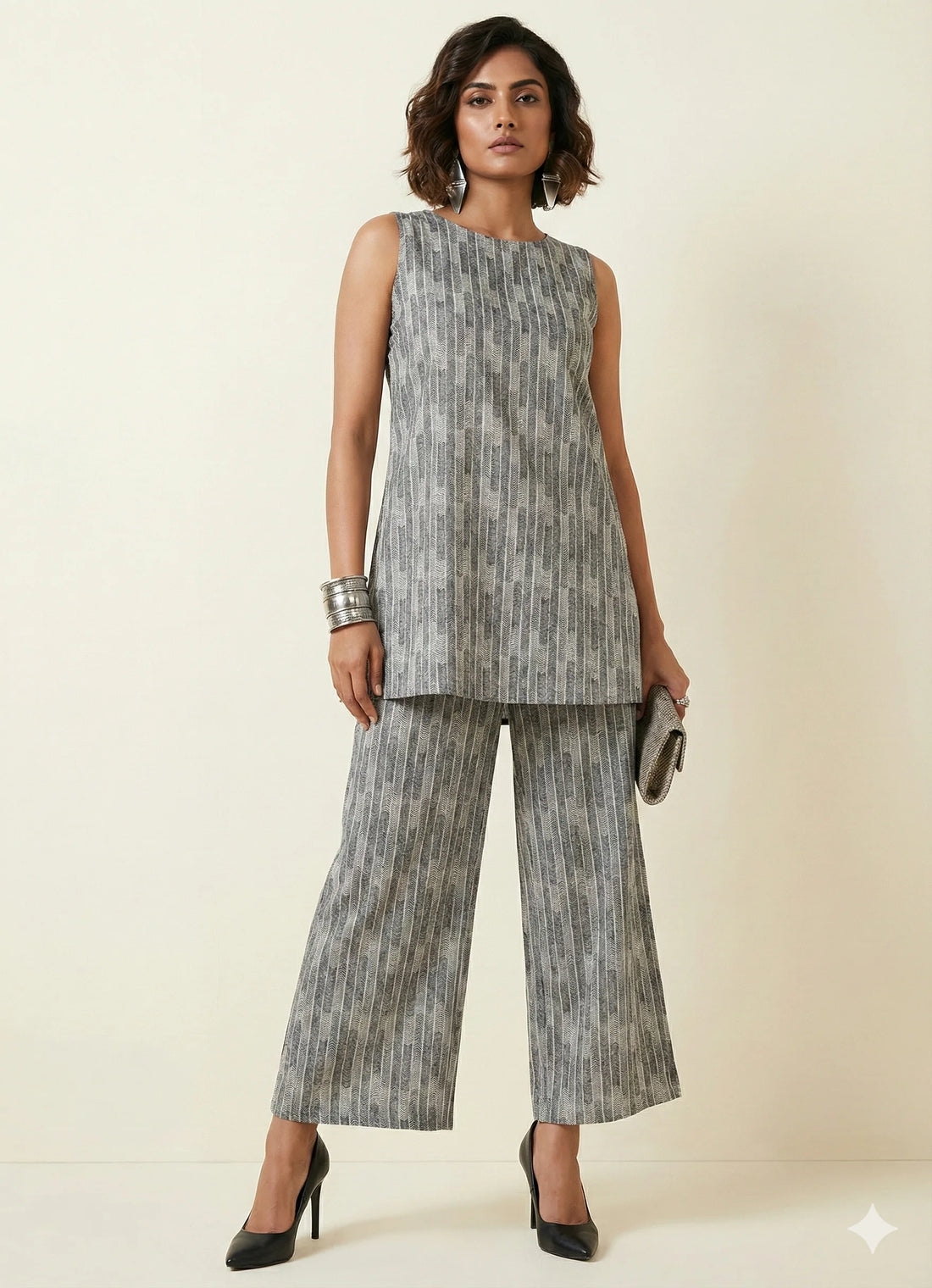 Monument Gray Stripy Boat Neck Cord-set- 52631C