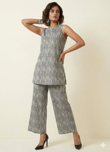 Monument Gray Stripy Boat Neck Cord-set- 52631C