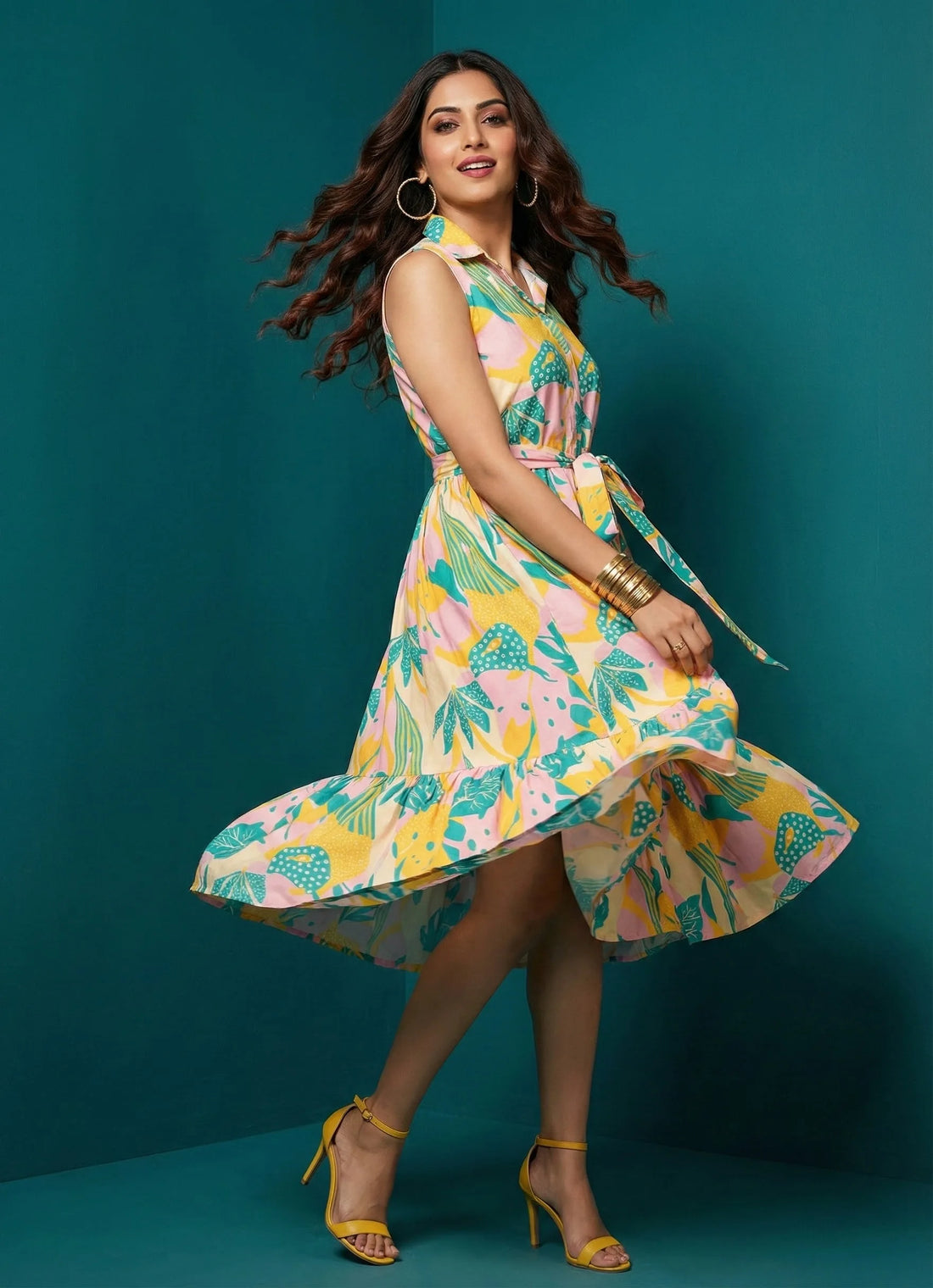 Powder Pink Abstract Overlap Collar Dress- 52632D