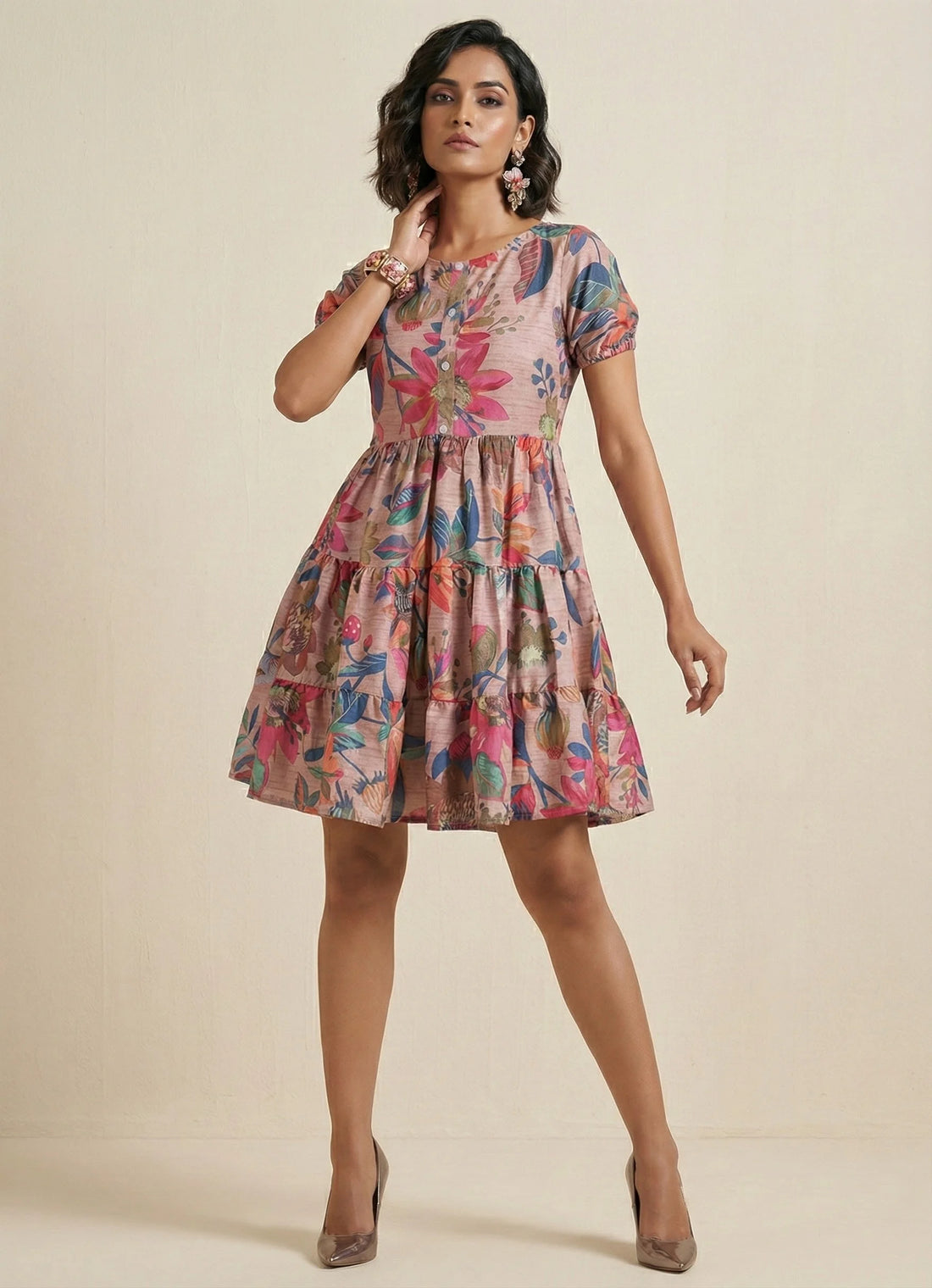 Pearl Khaki Floral Tiered Dress- 52635D