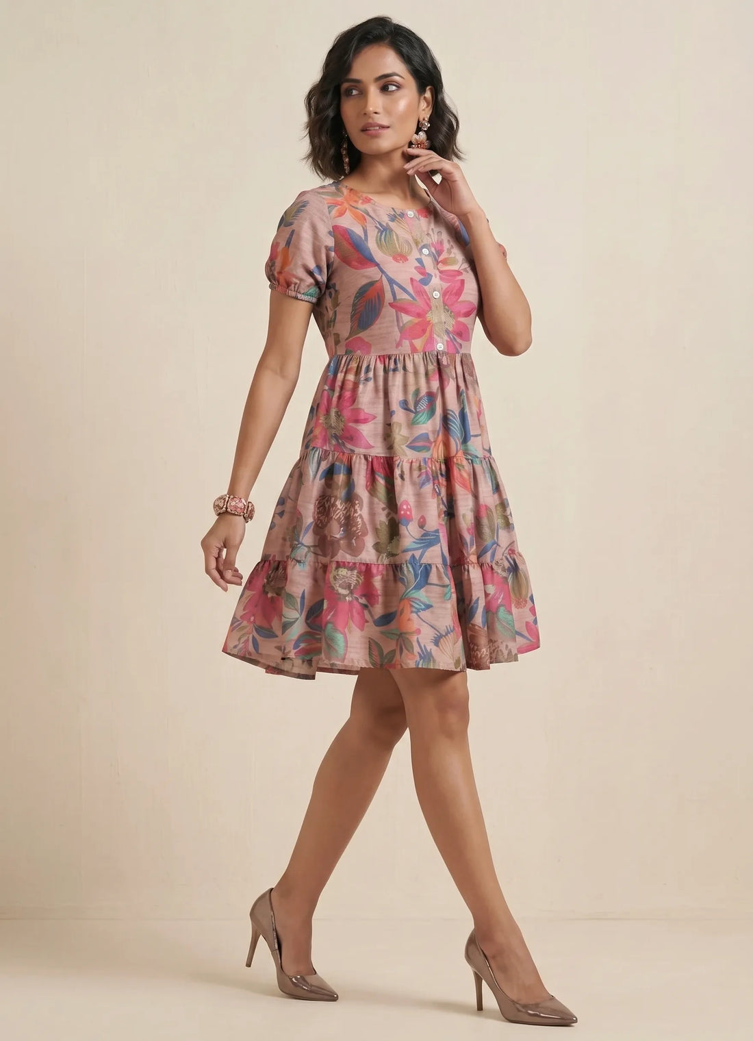Pearl Khaki Floral Tiered Dress