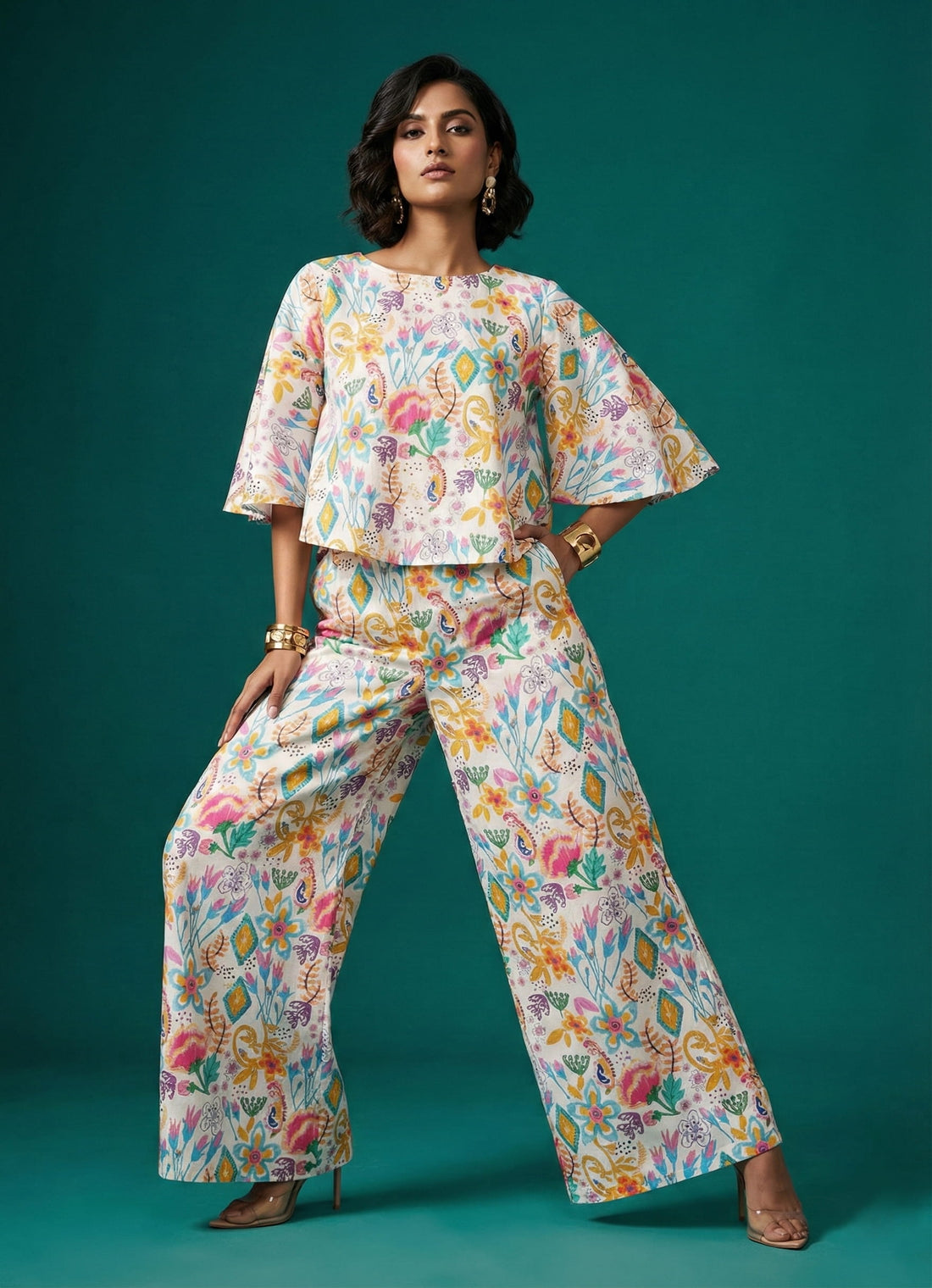 Ivory Floral Cap Sleeve Set- 52656C