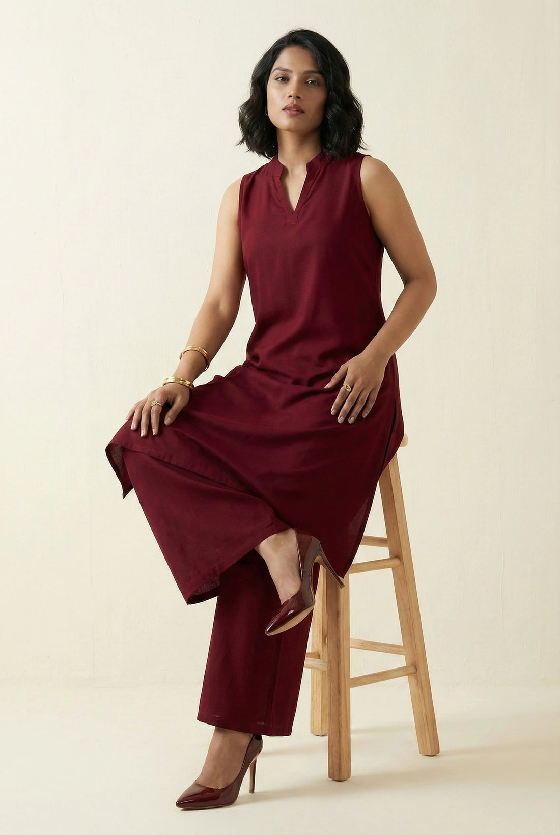 Burnt Maroon Collar Kurti Set- 52657KS