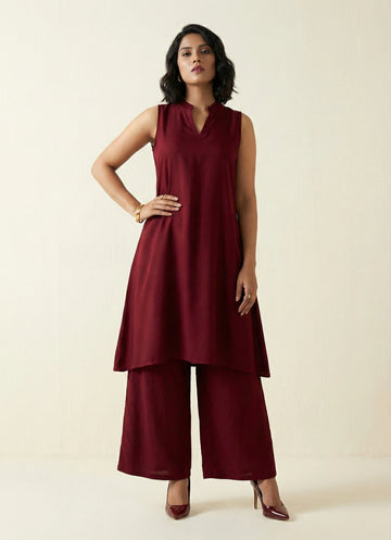 Burnt Maroon Collar Kurti Set- 52657KS