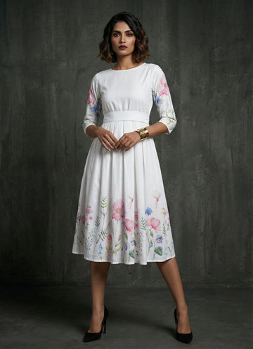 Snow White Floral Placement Print Dress- 52663D