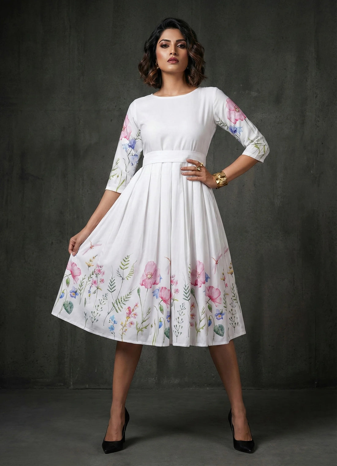Snow White Floral Placement Print Dress- 52663D