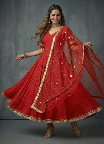 Chilli Red Georgette Anarkali Set- 52682KS