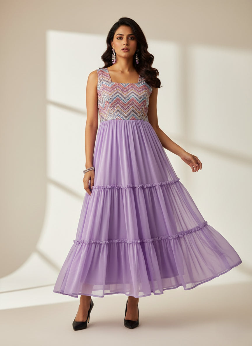 Lavender Elegance Embroidered Dress - 52701D