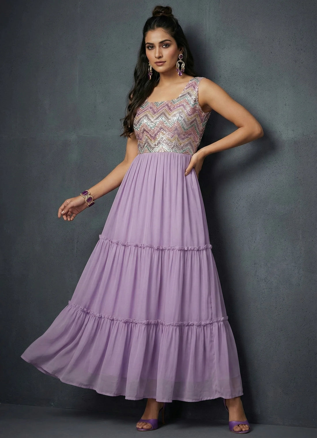 Lavender Elegance Embroidered Dress - 52701D
