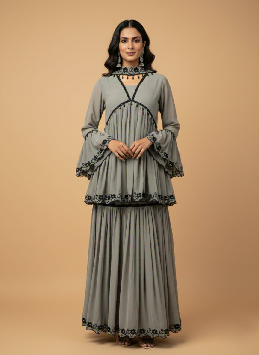 Elegant Gray Peplum Gharara Set - 52702KS