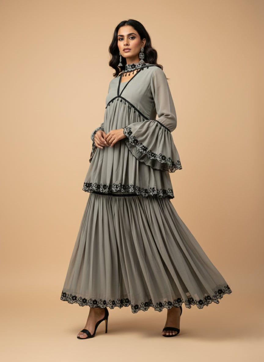 Elegant Gray Peplum Gharara Set - 52702KS