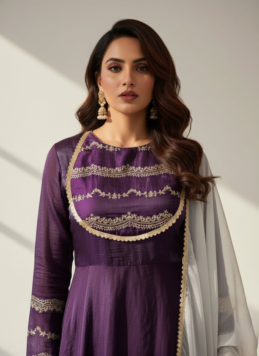 Purple Floral Scallop Anarkali Set - 52705KS