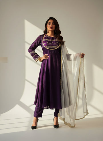 Purple Floral Scallop Anarkali Set - 52705KS