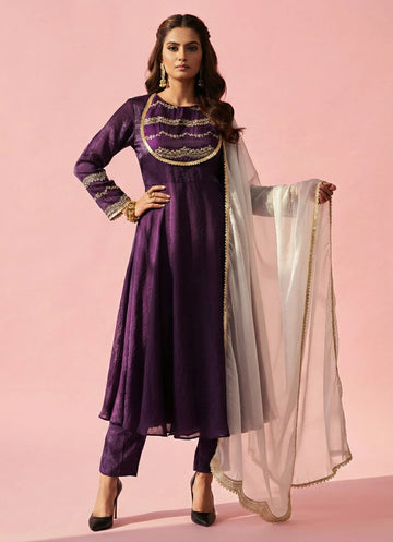 Purple Floral Scallop Anarkali Set - 52705KS