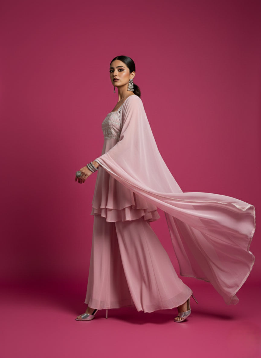 Baby Pink Floral Strip Peplum Gharara Set - 52706KS