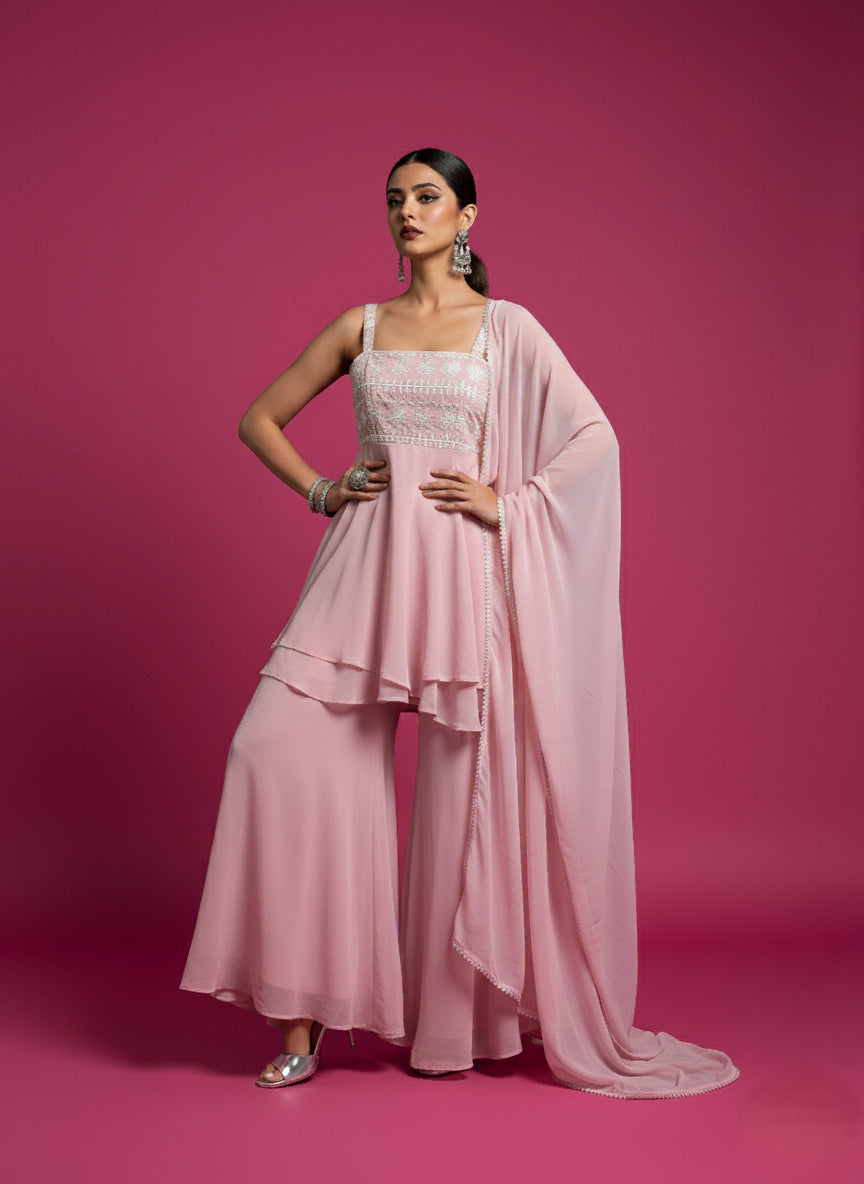 Baby Pink Floral Strip Peplum Gharara Set - 52706KS