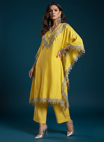 Yellow Mirror Lace Kaftan Set - 52707KS