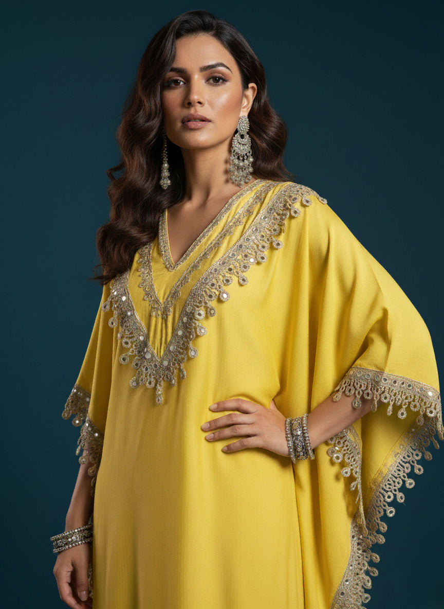 Yellow Mirror Lace Kaftan Set - 52707KS