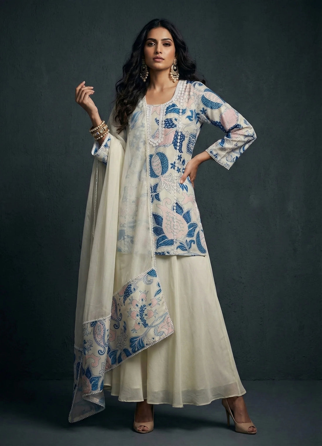 Ivory Floral Print Kurti with Flared Pant Set- 52709KS