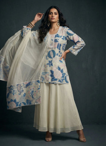 Ivory Floral Print Kurti with Flared Pant Set- 52709KS