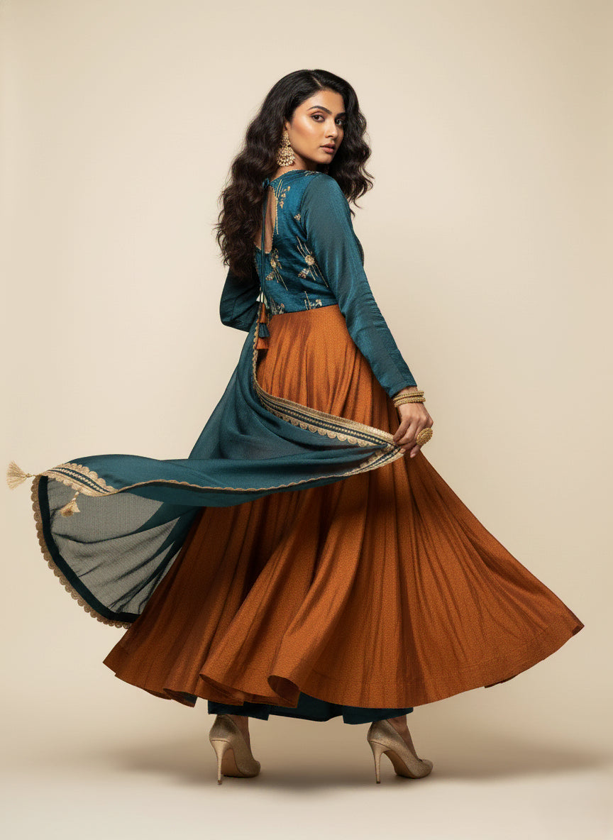 Teal Blue & Antique Gold Floral Motif Anarkali Set - 52711KS
