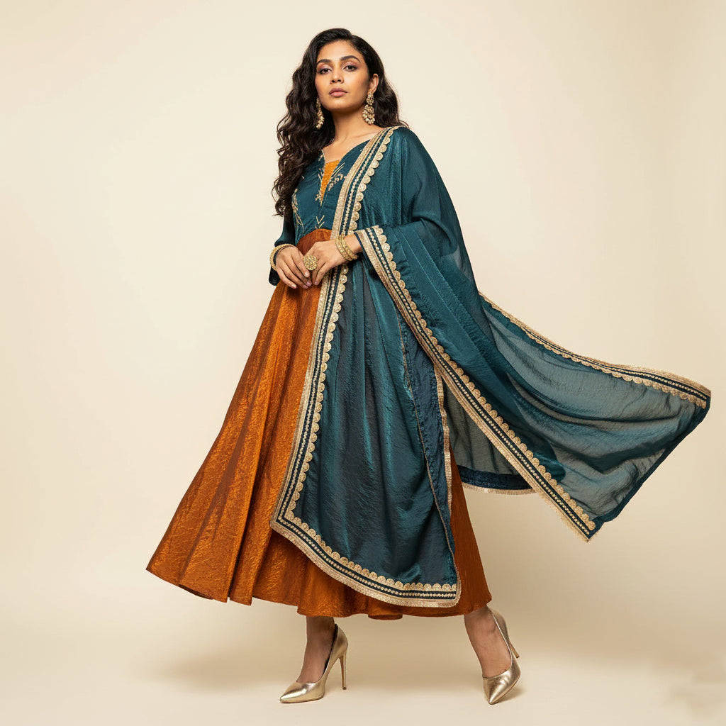 Teal Blue & Antique Gold Floral Motif Anarkali Set - 52711KS