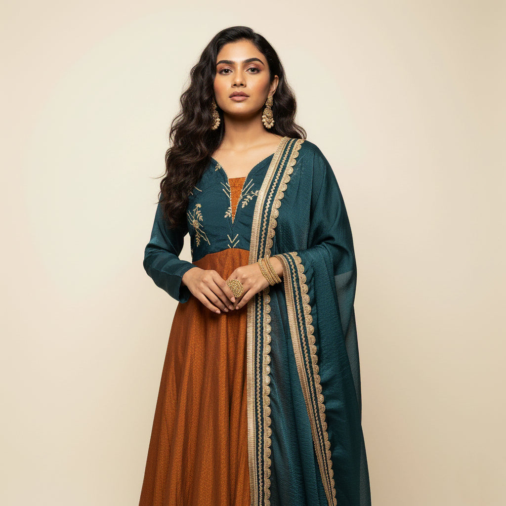 Teal Blue & Antique Gold Floral Motif Anarkali Set